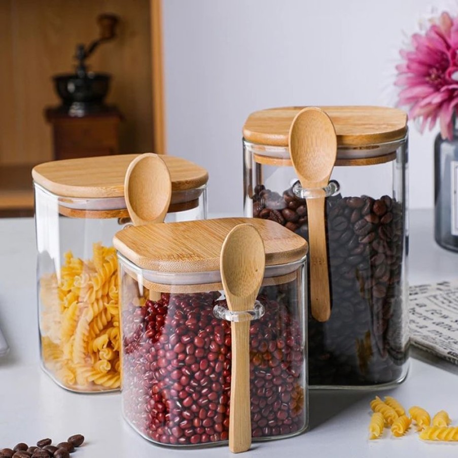 Keuken Gulcan Home | Glazen Voorraadpot Met Lepel | Hout | Luchtdicht | Opbergpot | 750 Ml