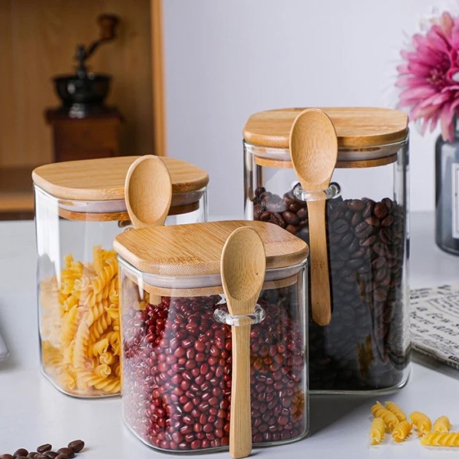 Keuken Gulcan Home | Glazen Voorraadpot Met Lepel | Hout | Luchtdicht | 550 Ml